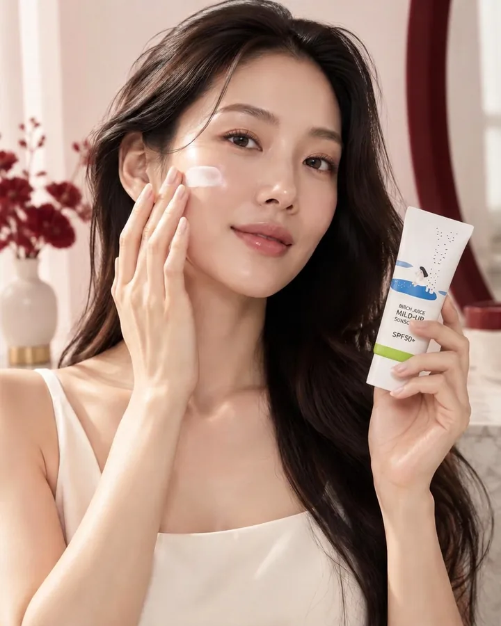 Imagem editorial ilustrativa com Round Lab Birch Juice Mild-Up Sunscreen FPS 50+